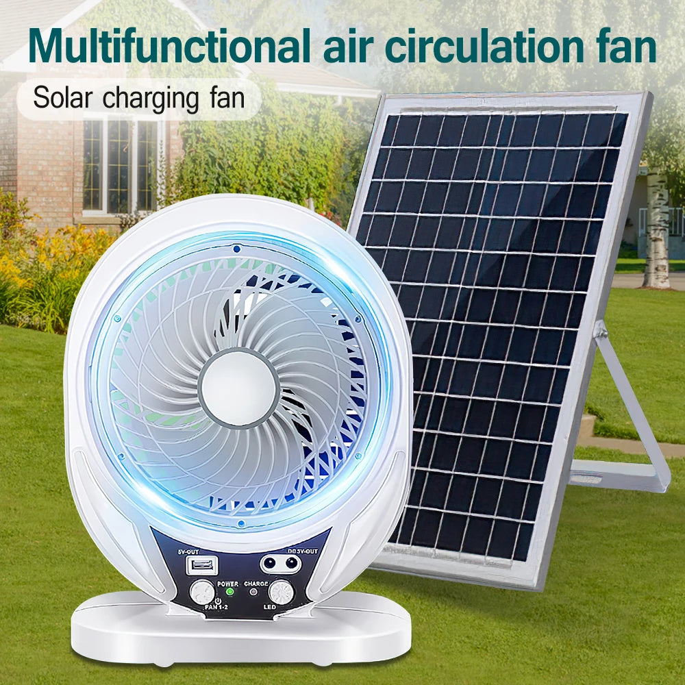 Ventilateur Solaire Portable LED – Rechargeable & Silencieux pour Camping & Extérieur
