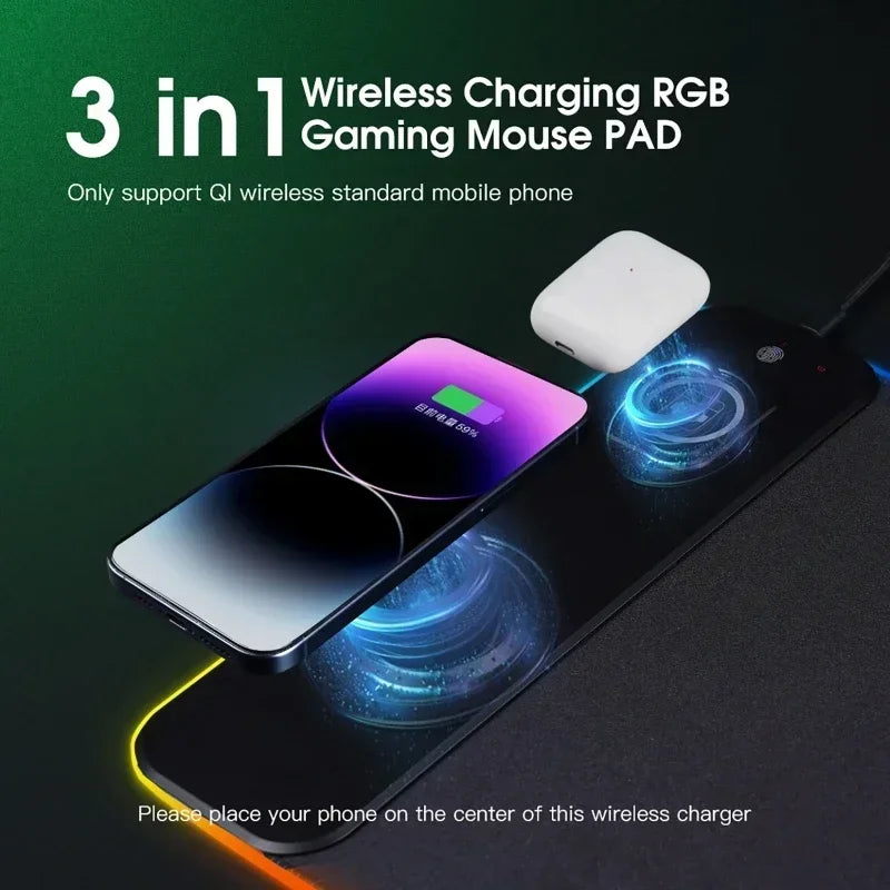 Tapis de Souris RGB avec Chargeur Sans Fil Magnétique 15W pour Téléphone