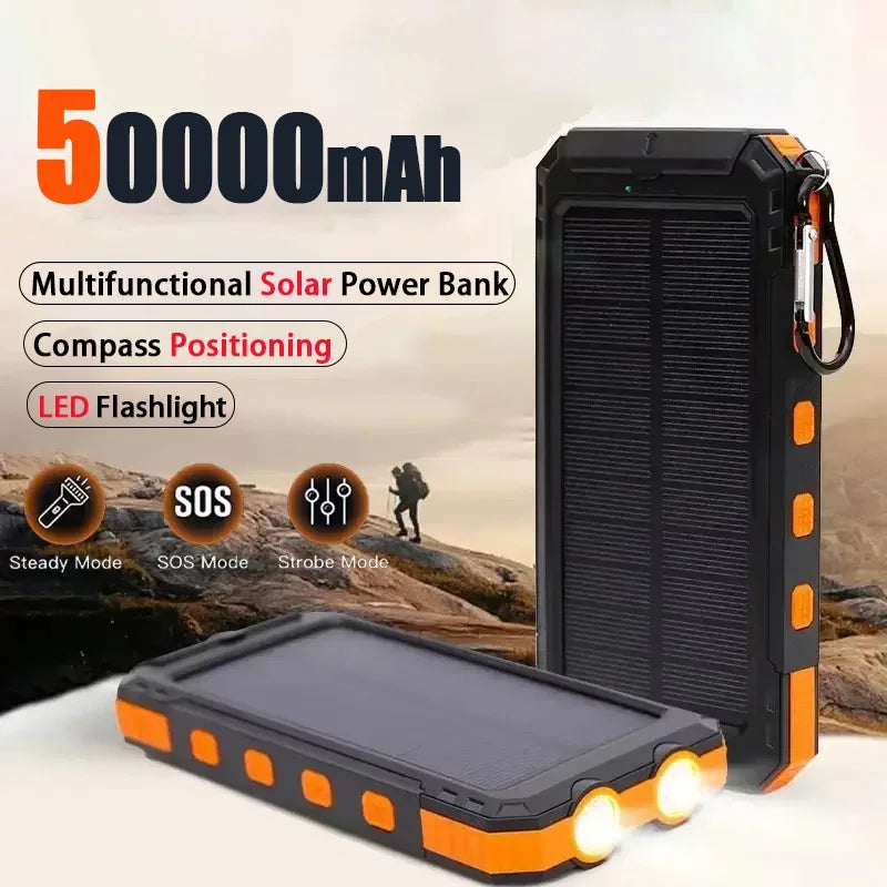Batterie Solaire 50000mAh – Charge Rapide, LED Puissante, Boussole Intégrée
