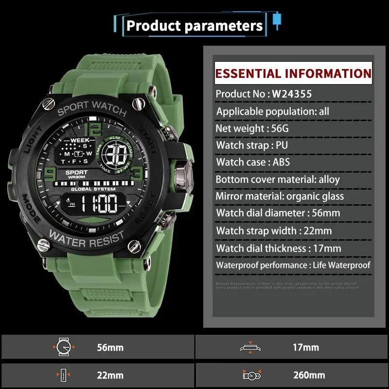 Montre Sport Homme Digitale – Étanche 30M & Look Militaire