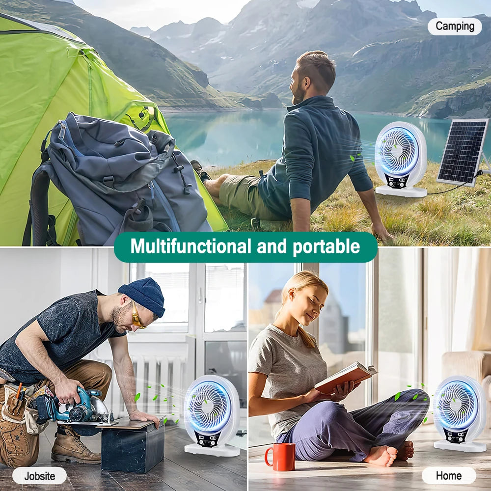 Ventilateur Solaire Portable LED – Rechargeable & Silencieux pour Camping & Extérieur