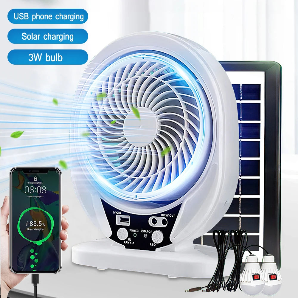 Ventilateur Solaire Portable LED – Rechargeable & Silencieux pour Camping & Extérieur