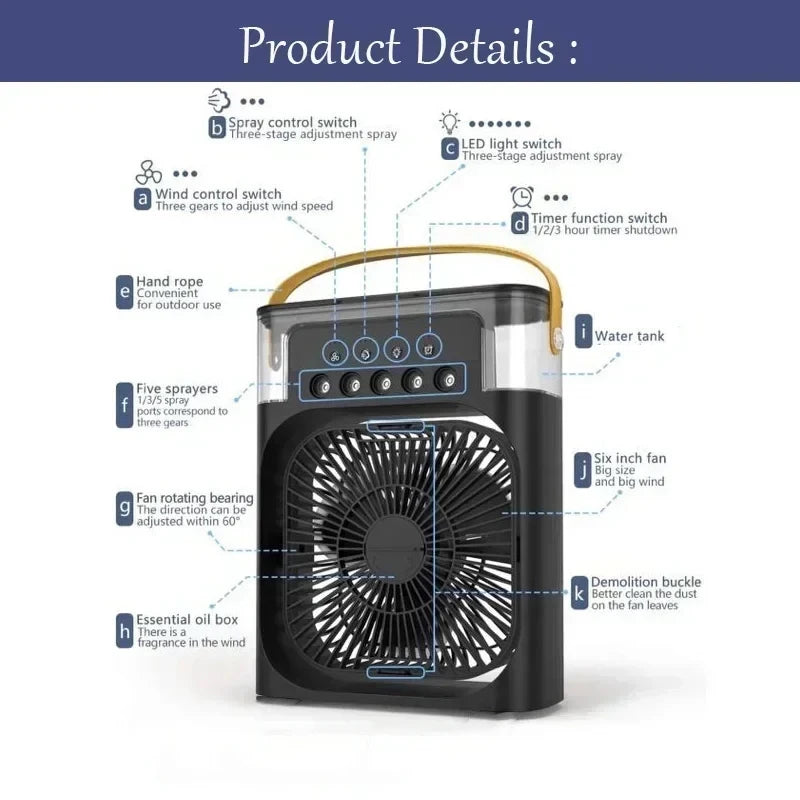 Ventilateur 3-en-1 Portable – Refroidisseur, Humidificateur & LED USB