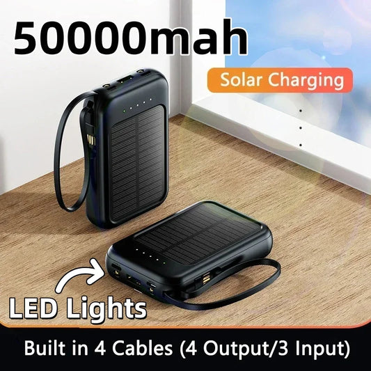 Batterie Solaire 50000mAh – Charge Ultra-Rapide, LED & 4 Câbles Inclus