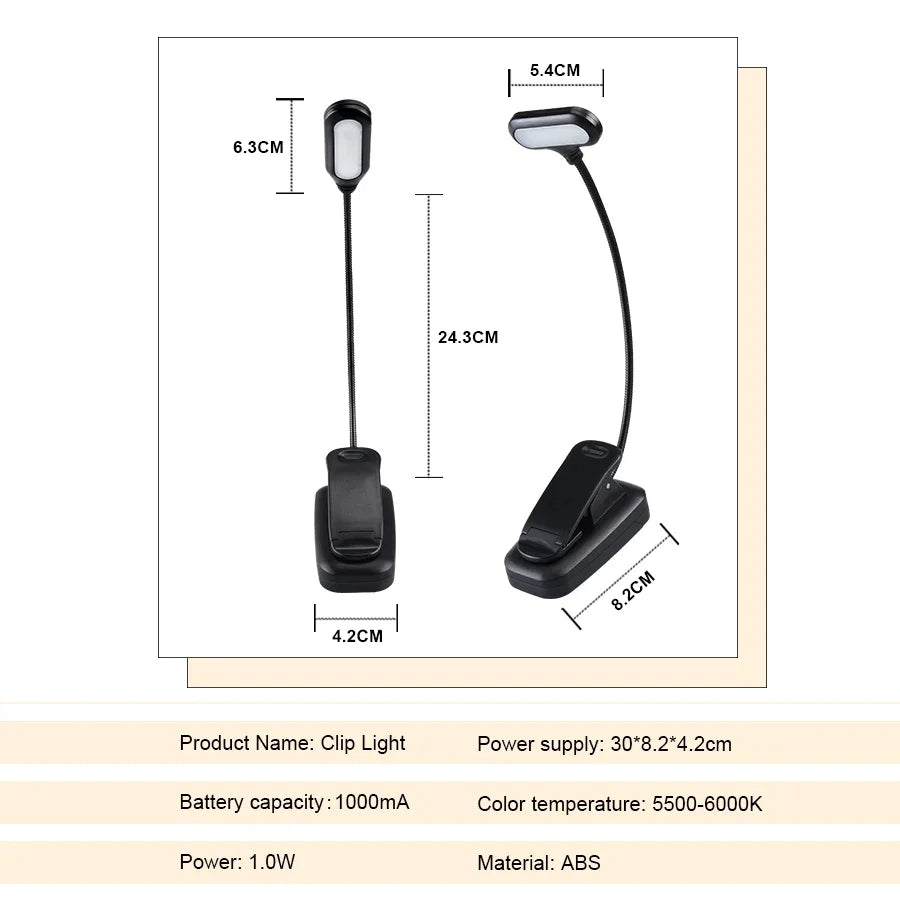 Lampe de Lecture LED Portable avec Pince - Lumière Blanche Réglable