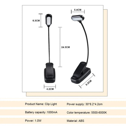 Lampe de Lecture LED Portable avec Pince - Lumière Blanche Réglable