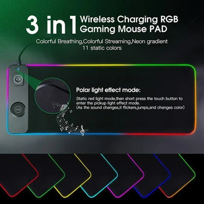 Tapis de Souris RGB avec Chargeur Sans Fil Magnétique 15W pour Téléphone